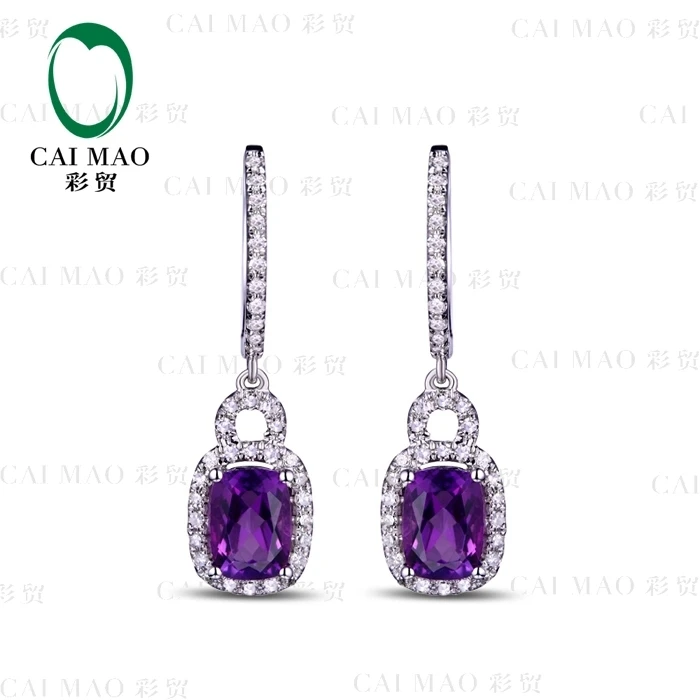 CaiMao 18KT/750 Gold 2.15 ct Natural Amethyst & 0.51  ct Round Cut Diamond Engagement Gemstone Earrings Jewelry