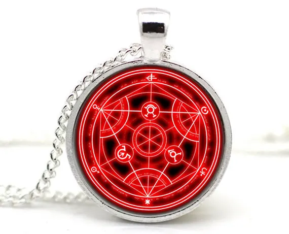 New Trendy Fullmetal Alchemist Transmutation Bijuterias Necklace Red Pentagram Pendant Glass Photo Jewelry Wiccan Link Chain HZ1