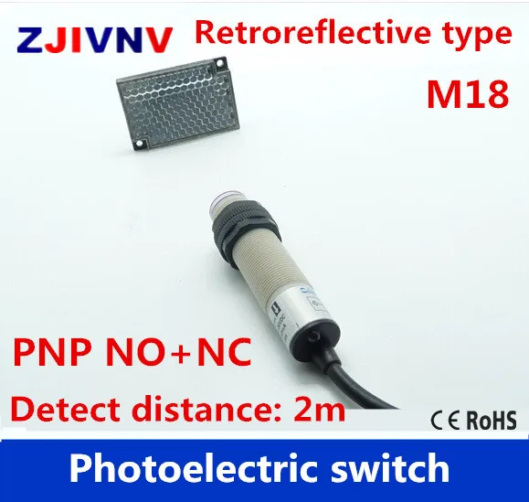 1pc M18 Retroreflective type PNP NO+NC dc 4 wire photoelectric switch Infrared photocell sensor mirror reflector distance 2m