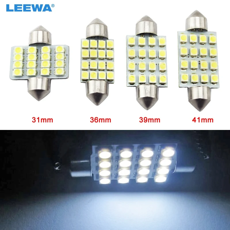 LEEWA 1pc White Auto LED Bulbs 31mm 36mm 39mm 41mm 16-SMD 1210/3528 Chip Festoon Dome Map Cargo Car LED Light  #CA1216