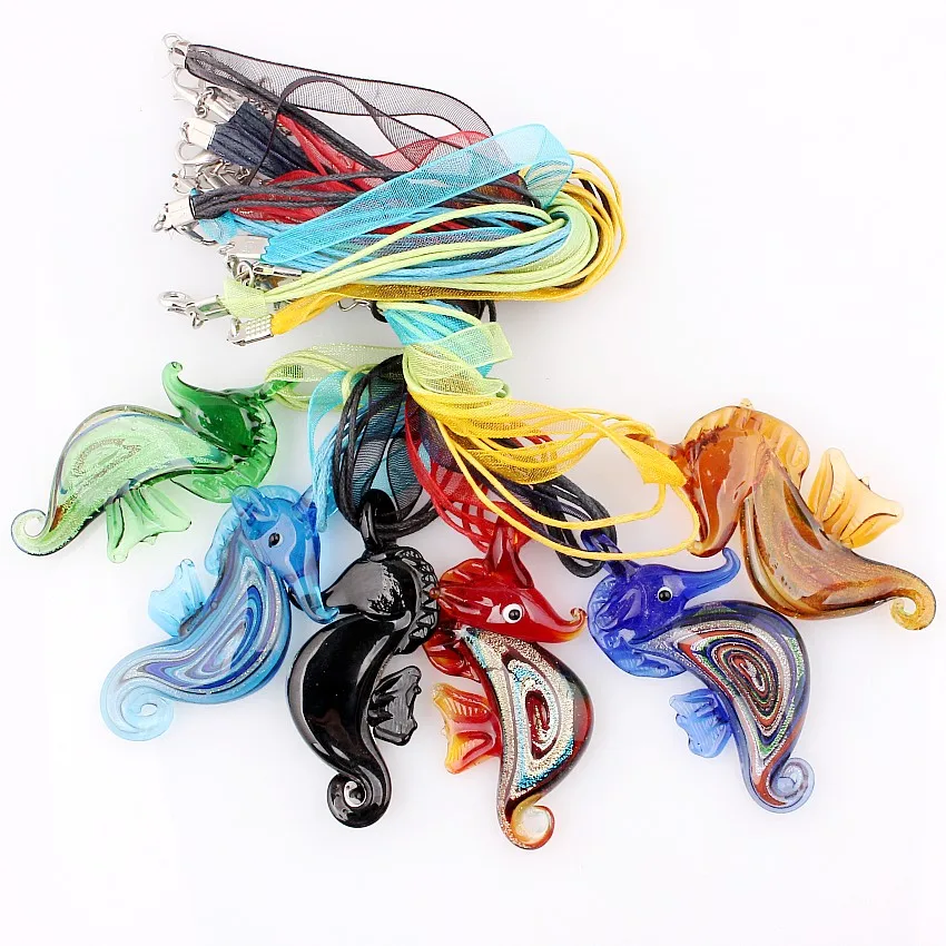 Wholesale 6pcs Handmade Murano Lampwork Glass Mix Color Seahorse Pendant Necklace Hot Thanksgiving Gift necl0004