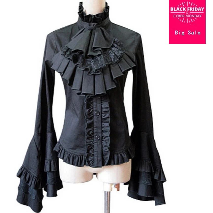 Japanese Princess Shirt Harajuku Gothic Style Baroque trumpet sleeves long-sleeved shirt small swallowtail shirt W366