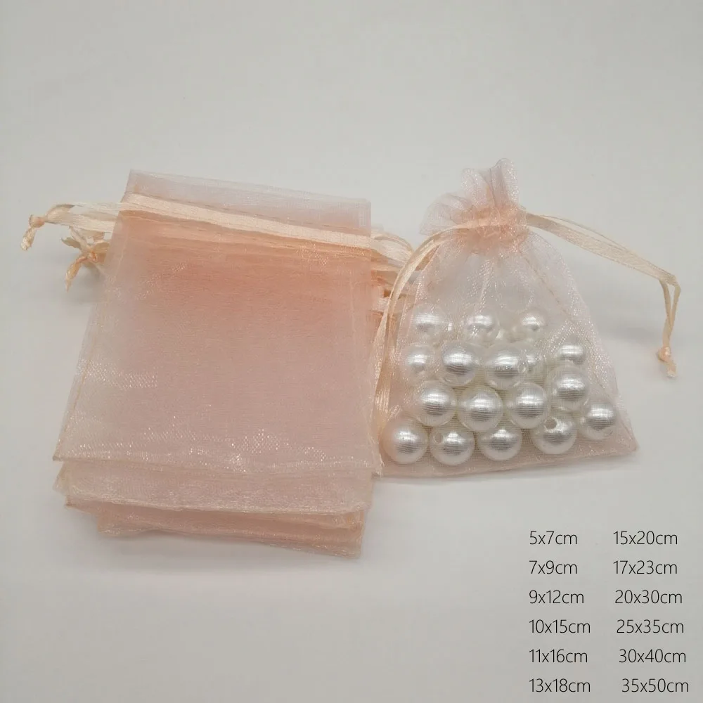 500pcs Champage Organza Bag Drawstring Pouch Bag Jewelry Bags Gifts Wedding/Christmas/Jewelry Display Packaging Bags Organizer