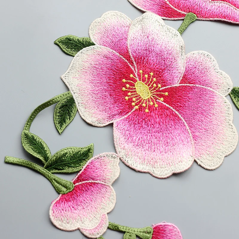 High quality large pink flower patch embroidery cloth sticker applique DIY  no glue hand-sewn type applique for dress
