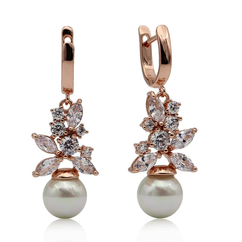 PATAYA New Shell Pearls Long Dangle Earrings Women Fashion White Round Natural Zircon 585 Rose Gold Color Wedding Party Jewelry