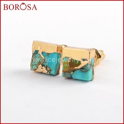 BOROSA 5/10Pairs Gold Color 7mm Square Copper Natural Turquoises Stud Earrings Natural Blue Stone Earrings for Women G1648