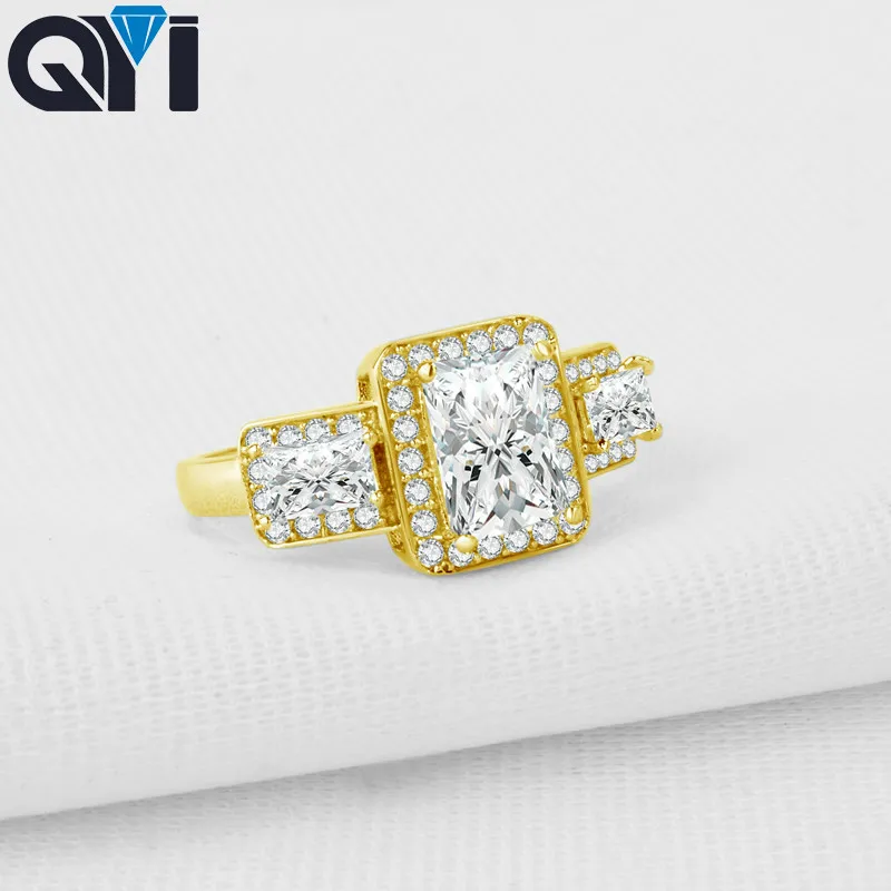 

QYI Wedding Jewelry 14K Solid Yellow Gold Women Engagement Ring Retangle Cut Moissanite Diamond Ring