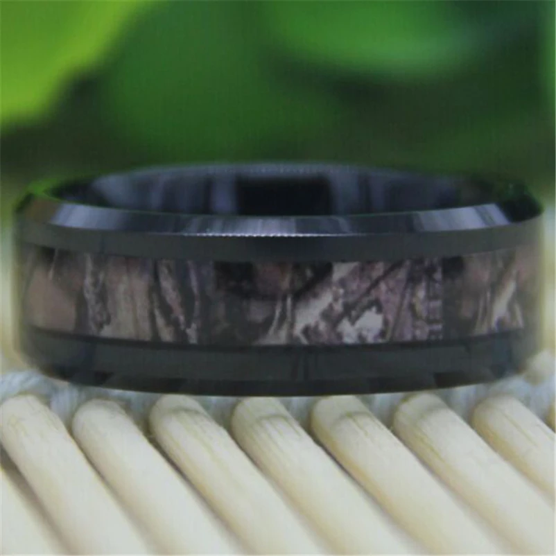 

Free Shipping Top Quality Jewelry Hot Sales 8MM Black Bevel Camo Hunting Camouflage Design Men's Tungsten Carbide Wedding Ring