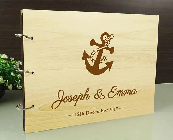 personalized anchor nautical wedding guest album engraved Wooden guestbooks Reception party favors decorations