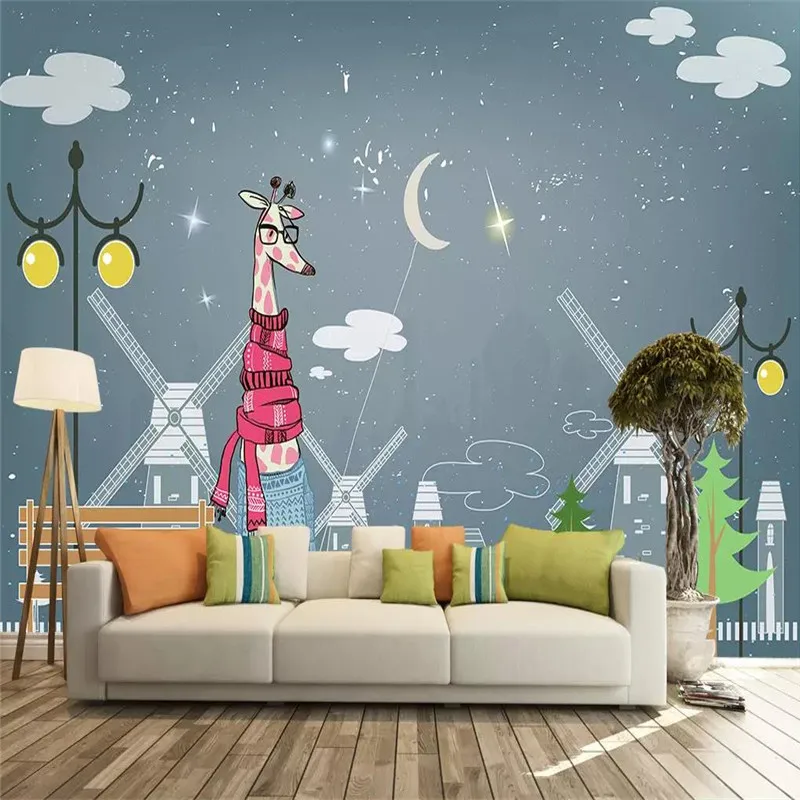 Custom Mural Wallpaper Cartoon Giraffe Kids Room Background Wall