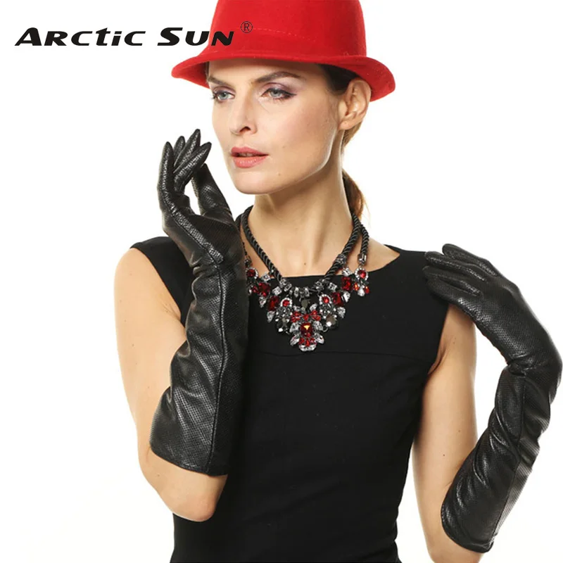 Fashion Black 45cm Long Genuine Leather Solid Gloves Women Breathable Winter Elbow Sheepskin Glove For Driving Hot Sale L081NN