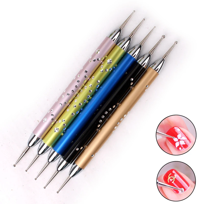 

5Pcs Set UV Gel Painting Nail Art Dotting Pen Acrylic Handle Rhinestone Crystal 2 Way Brush Salon Decoration Manicure Tools Kit