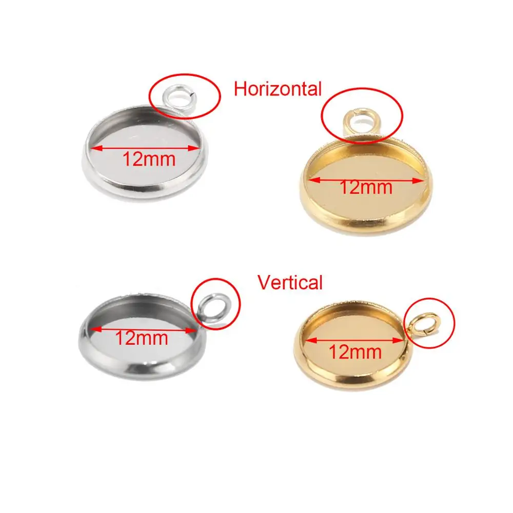 50Pcs 12mm Stainless Steel Vertical Bases Setting Cabochon Round Cameo Base Tray Bezel Blank Necklace Pendant Gold DIY Jewelry