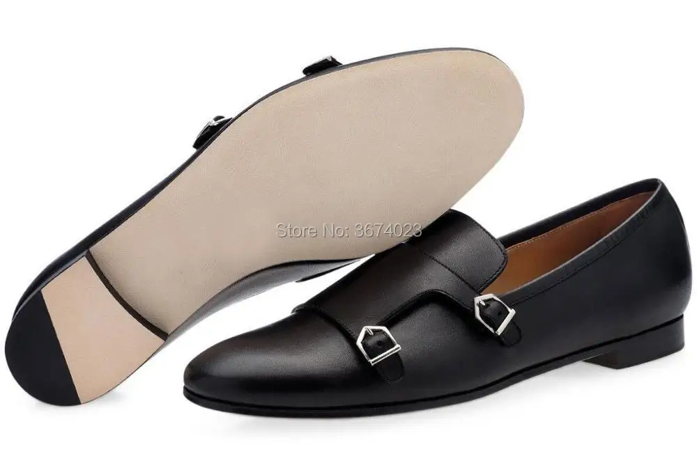 Qianruiti Men Moccasins Double-Monk Loafers Metal Buckle Strap Slippers Slip on Flats Casual Shoes Party Wedding Shoes