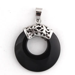 Silver Plated Natural Black Onyx Stone Round Hollow Shape Vintage Agate Pendant For Necklace Charm Women Gilrs Jewelry Gifts