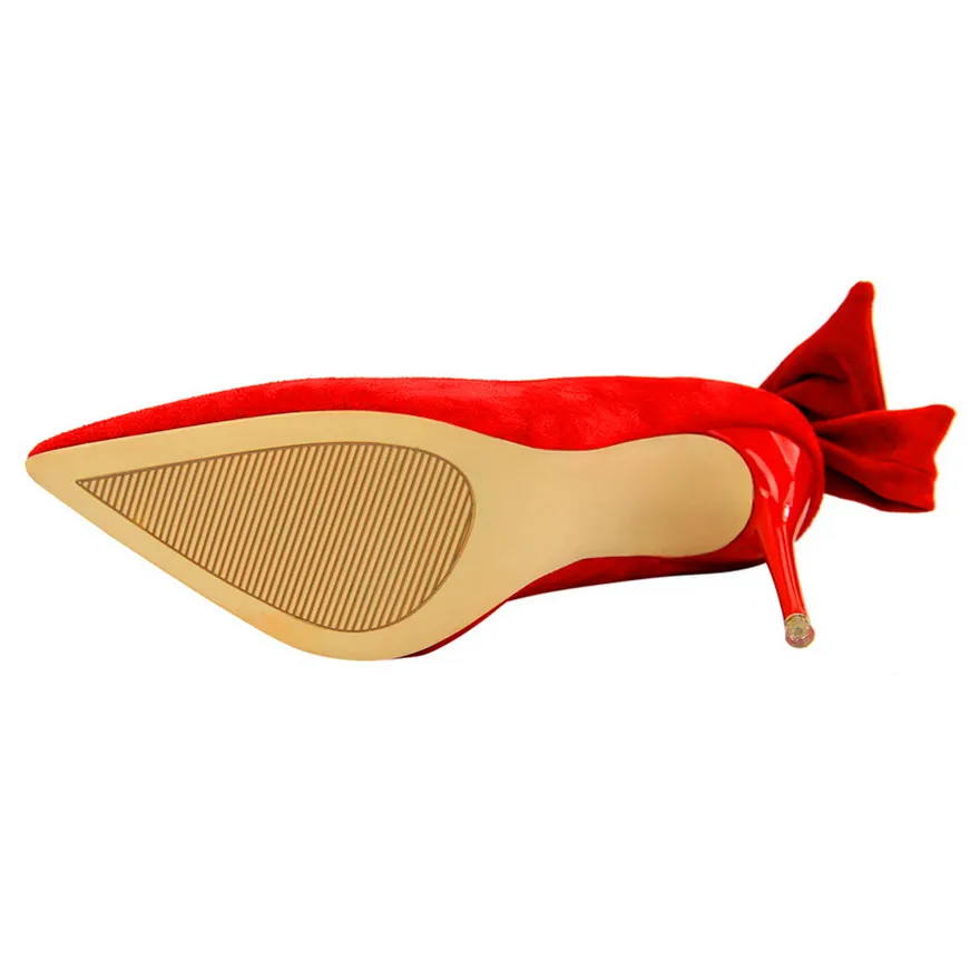 2022 New Classic Ankle Lace-Up Bowknot Woman Shoes Solid Flock Shallow High Heels Shoes Party Shoes Fashion Women Pumps 6 Colors