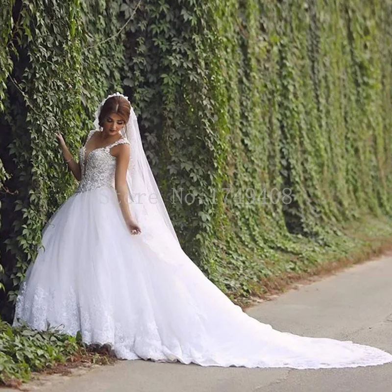 Elegante decote bola vestido até o chão renda apliques vestidos de casamento vestidos de noite