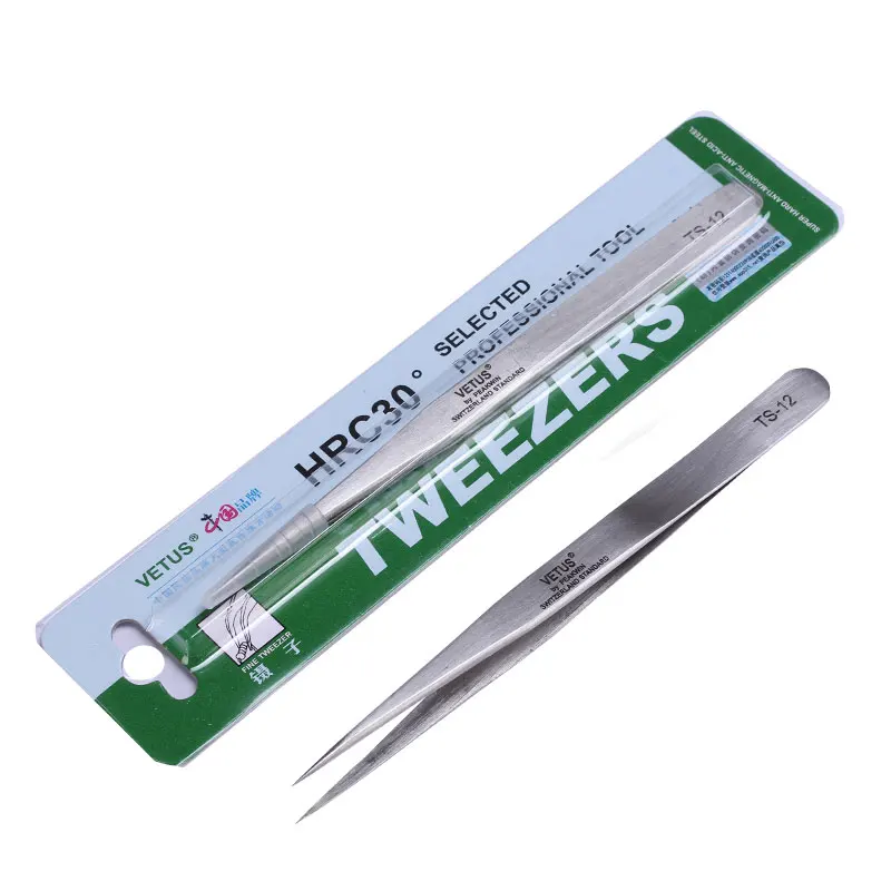 10pcs/lot Switzerland Precision Tweezers Stainless Steel Vetus Tweezers Ferramentas BGA Hand Tools TS-12