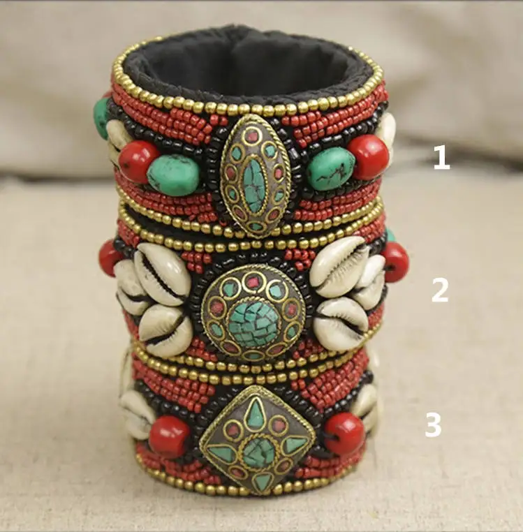 BB-168 Tibetan Fashion Open Cuff Bangle Tibet Ethnic Hand Sewed Shells Bohemian Bangle