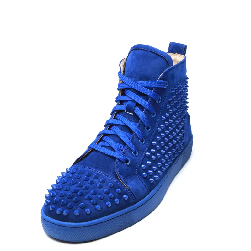 Runway Suede Men Shoes Rivets Sneakers high top Spike Casual Ankle Lace-up Flat Men Camping Shoes Customized Color