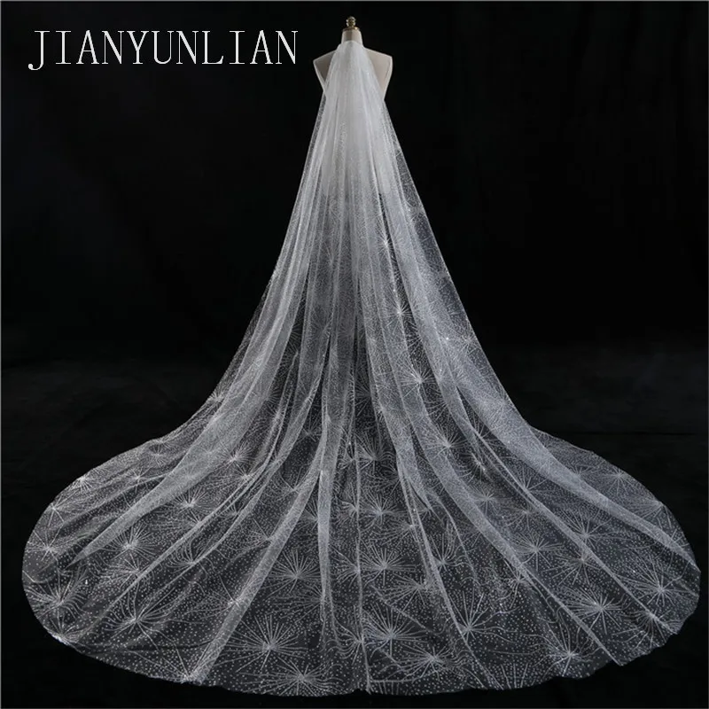 

Real 5m*3m Cathedral Length Long Wedding Veils Two Tiers Bridal Dresses Veil Lace Applique Tulle With Free Comb C