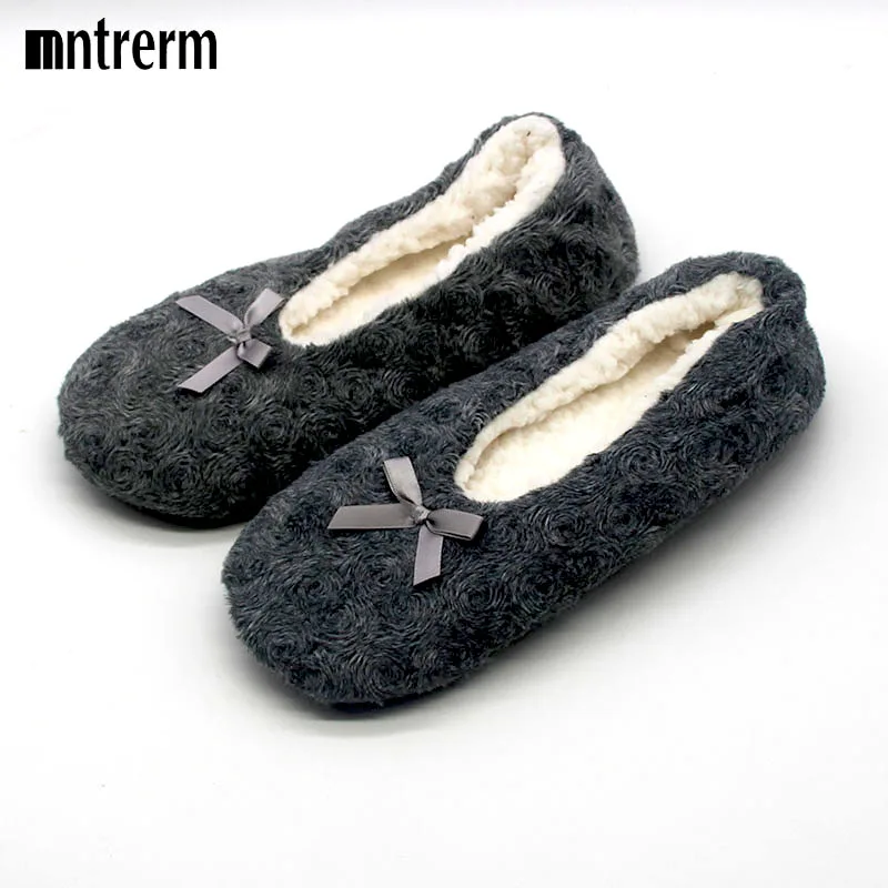 2020 Cute Bowtie Warm Winter Women Indoor Slippers Bedroom House Soft Bottom Flats Christmas Gift Sewing Girl ballet shoes