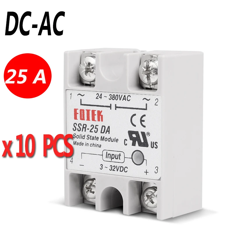 10pcs /lot DC-AC 25A Solid State Relay Single Phase SSR Relay Module SSR-25DA 3-32V DC Input