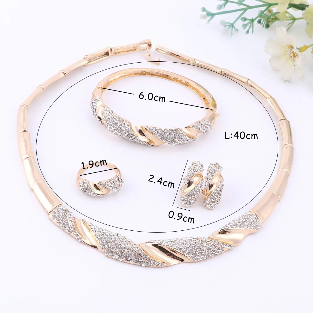 Wedding Bridal Jewellry Dubai Gold Color Crystal Women Party Necklace Bangle Earring Ring Fine African Beads Jewelry Set