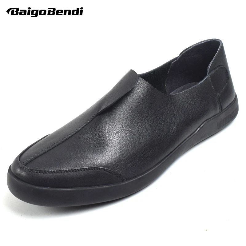 BAIGOBENDI Classical Mens Top Genuine Leather Round Toe Slip On Soft Oxfords Business Man Casual Office Driving Car Shoes