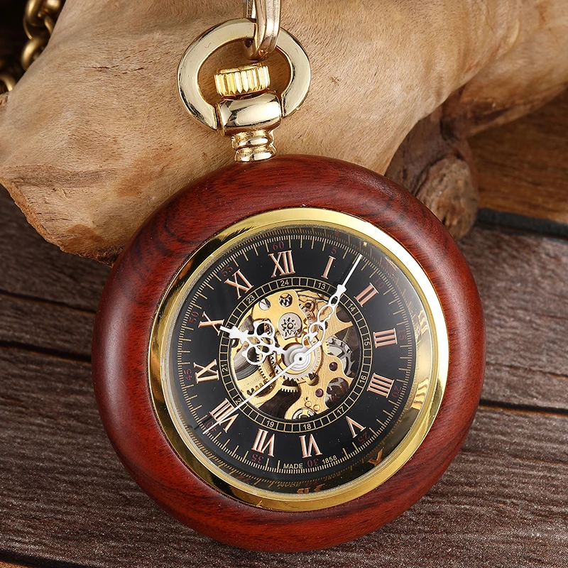 Platz Holz Mechanische Taschenuhr Ketten Luxus Roten Holz Handaufzug Skeleton Fob Uhren Männer Frauen Uhr Geschenke Reloj