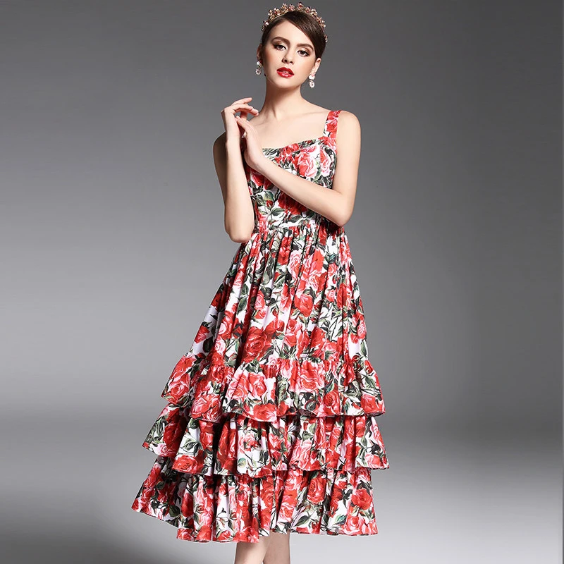 

2017 Newest Summer Fashion Designer Runway Dress Women's Spaghetti Strap Sexy Tiered Red Rose Floral Printed Mid Calf Dress