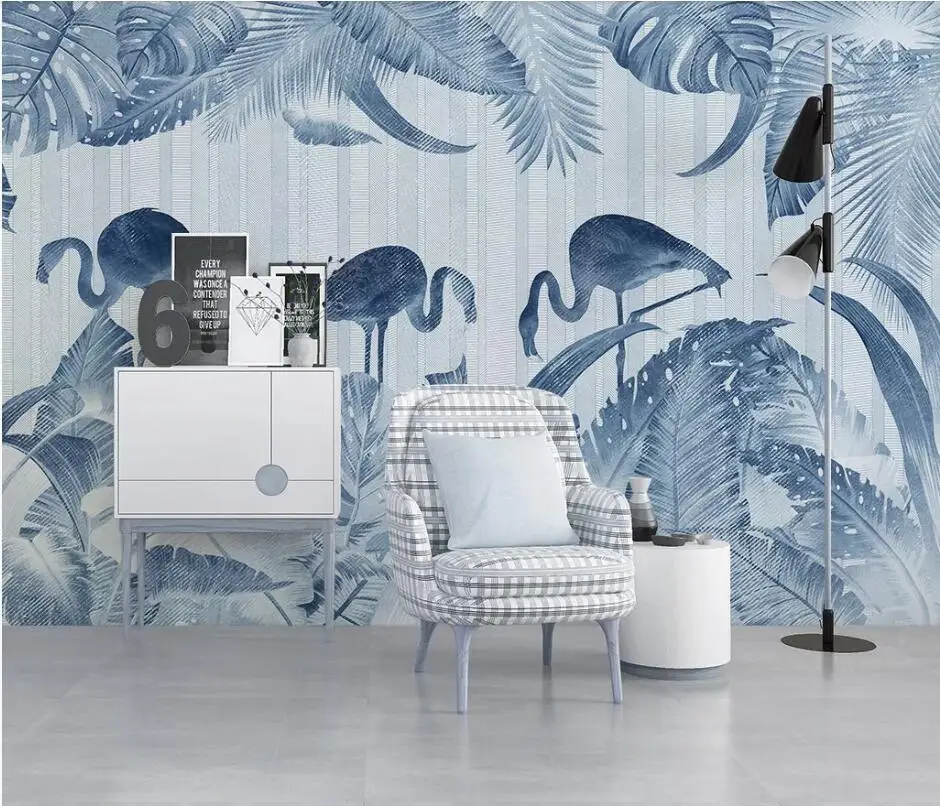 Custom wallpaper mural hand-painted Nordic tropical plants flamingo retro line TV bedroom living room background wallpaper...