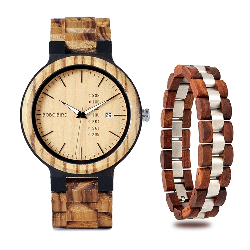 

BOBO BIRD Wooden Watch And Bracelet Two-pieces Set Top Fashion Quartz Wristwatch Cool Gift Timepiece Relogio Customize Logo