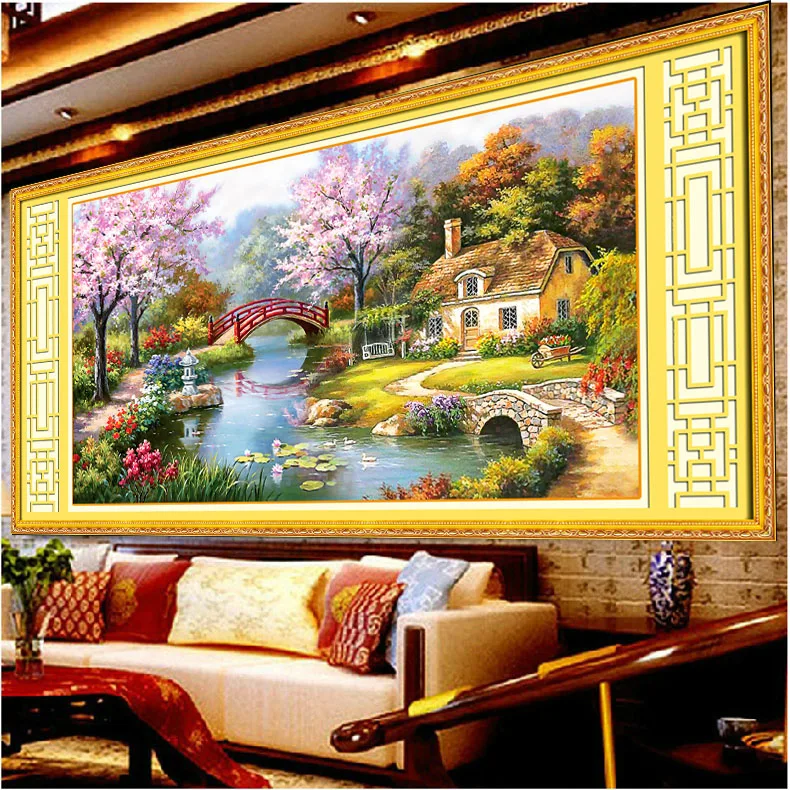 QIUSI 122cm Needlework,DIY landscape cross stitch, famous painting garden cabin chinese embroidery handwork craft gift