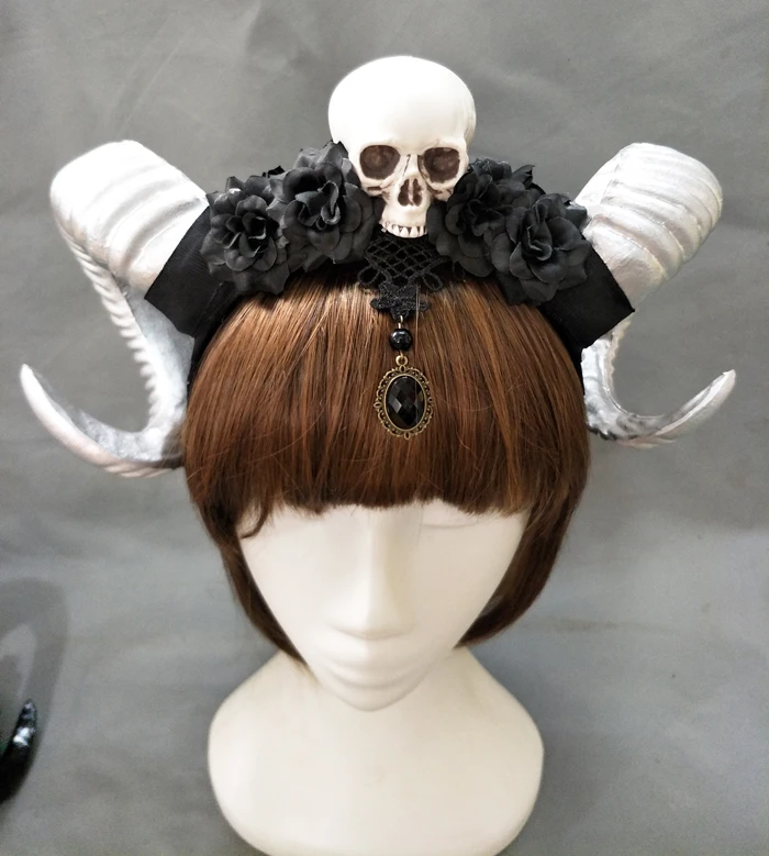 Handmade Steampunk Skull Flowers Horns Headband Female Floral Antler Halloween Headdress Hair Accessory Goth