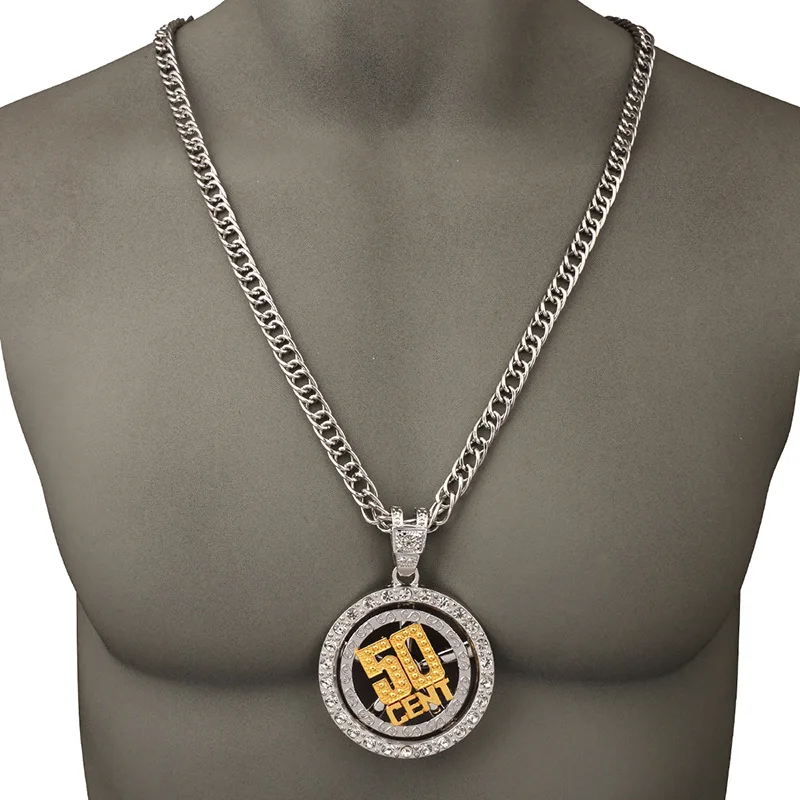 Mens Big Jewelry 50 Cent Pendant Necklace Long Chain Gold Silver Fashion Personalized Hip Hop Gift for Women