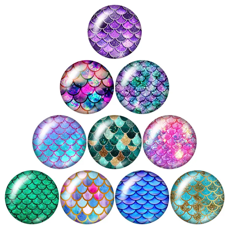 Magic Mermaid Wishes Fish scales tails 10pcs 12mm/18mm/20mm/25mm Round photo glass cabochon demo flat back Making findings