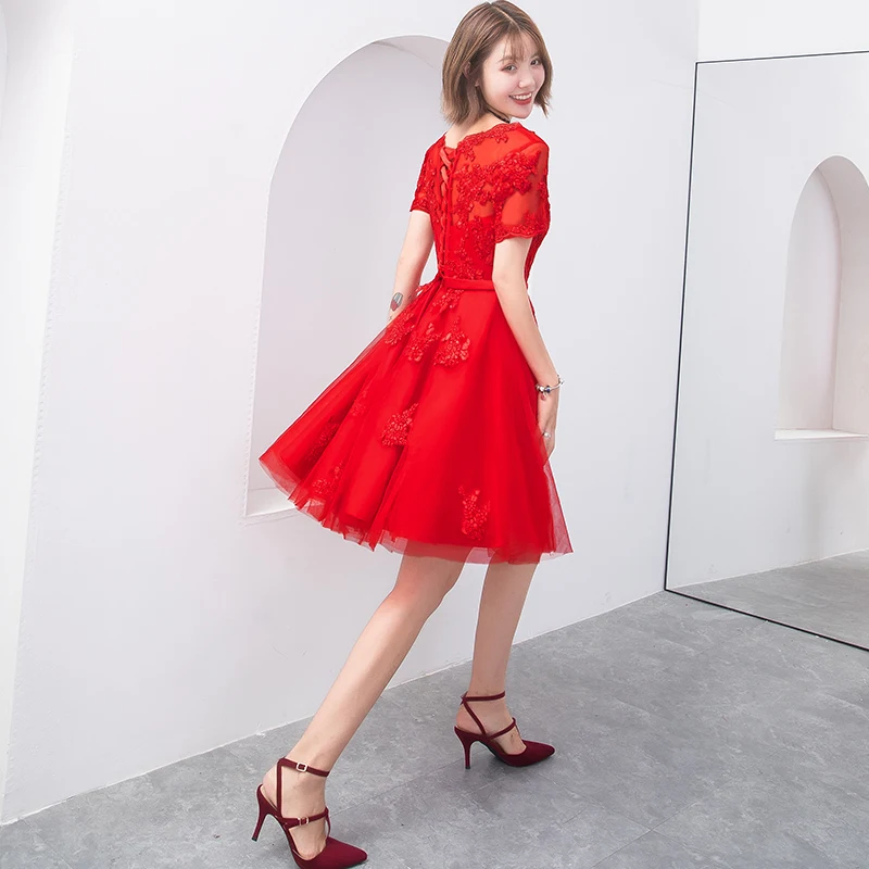 Robe de soiree New Red Lace up A Line Short Slim Summer vestido de festa evening dress with Appliques Party Dresses prom dresses