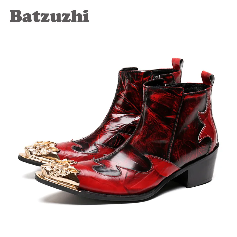 Batzuzhi Italian Type Men Boots Wine Red Genuine Leather Men Short Boots Golden Metal Toe Nightclub Stage Shoes 6cm High Heels