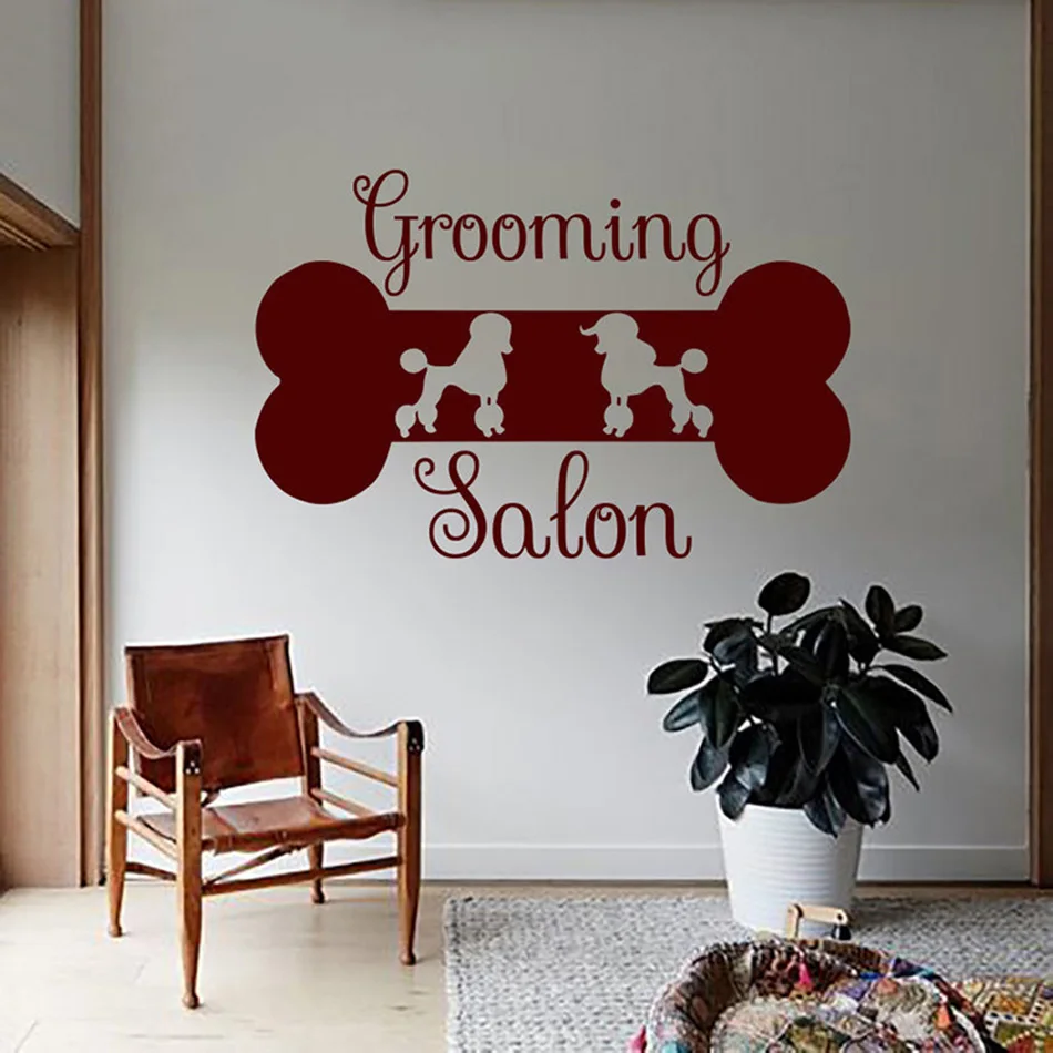 Pets Grooming Salon Sign Wall Decal  Teddy Poodle Dog Grooming Wall Sticker Pet Store Decoration Bone Shape Vinyl Mural AZ696