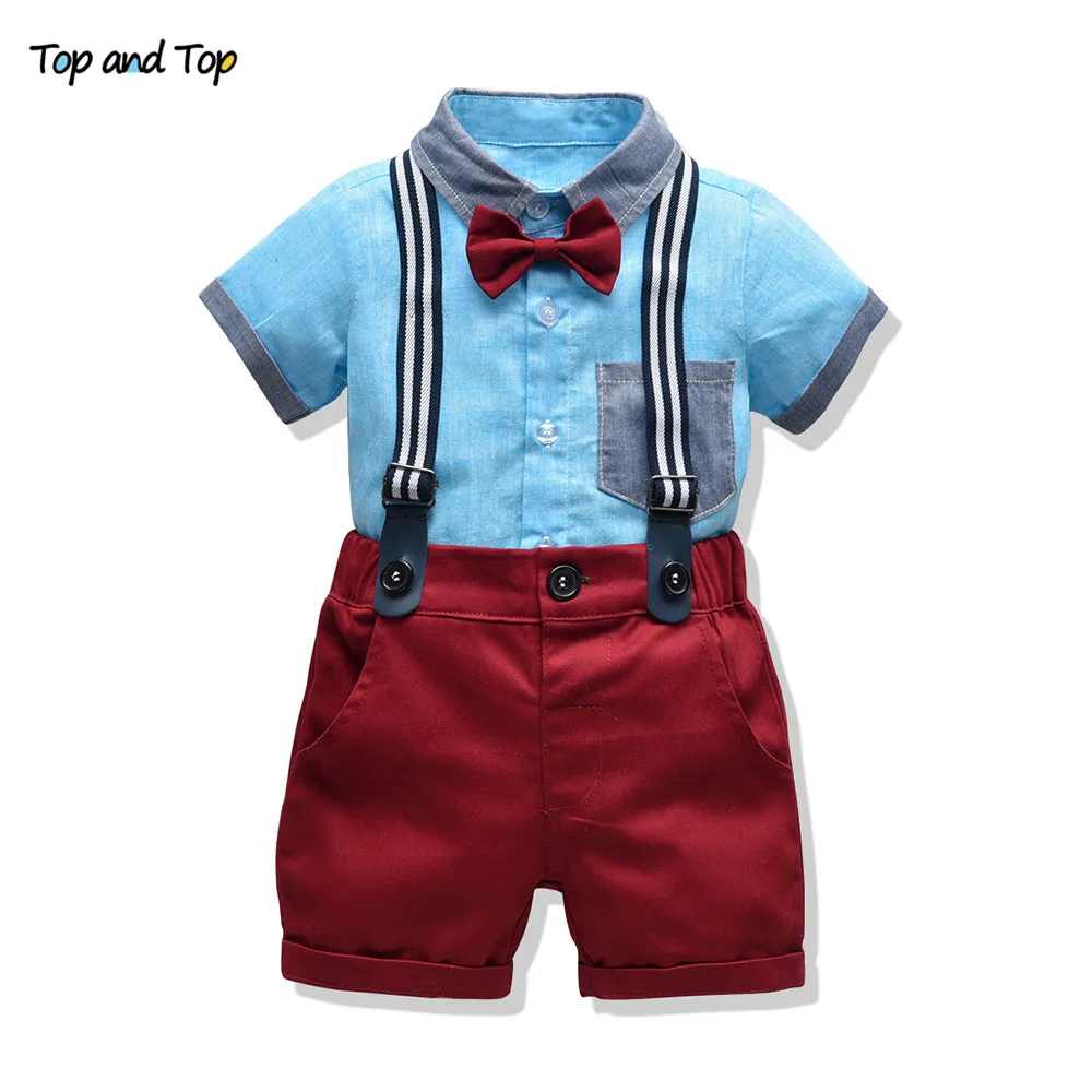 

Top and Top Summer Infant Boy Clothes Set Short Sleeve Shirt with Bow Tie+Overalls 2Pcs Casual Suit Baby Boy Party Outfit