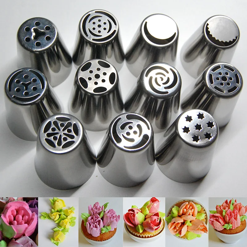 

11PCS Stainless Steel Russian Tulip Icing Piping Nozzles Pastry Decorating Tips Cake Cupcake Decorator Rose Kitchen Accessories