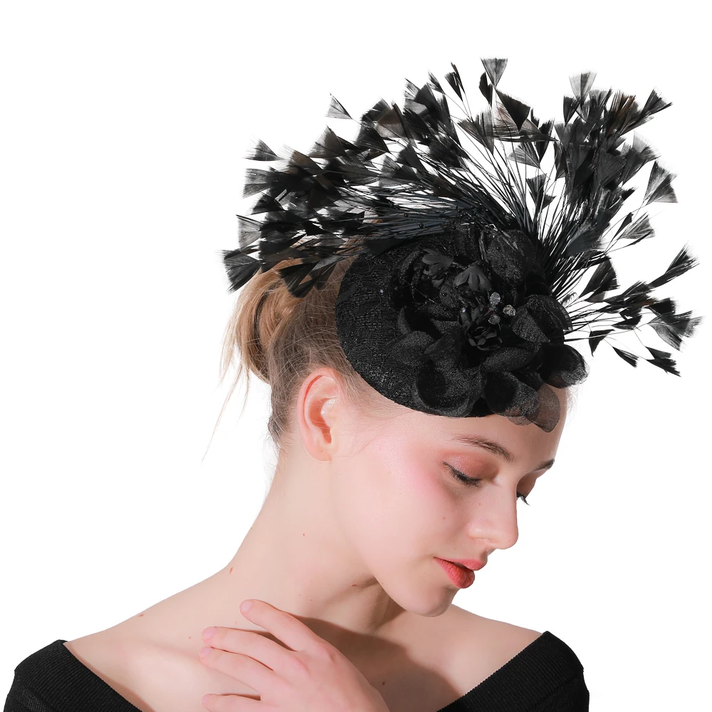 

Ladies Elegant Royal Fascinators Wedding Hats Sinamay Cocktail Fascinators Women Linen Feather Hat Party Hair Accessories XMF64