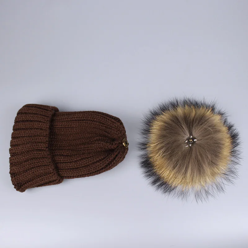 Ensemble bonnet et écharpe à pompons en vraie fourrure de raton laveur pour enfants, Skullies chauds avec pompon, chapeau avec pompon pour fille,