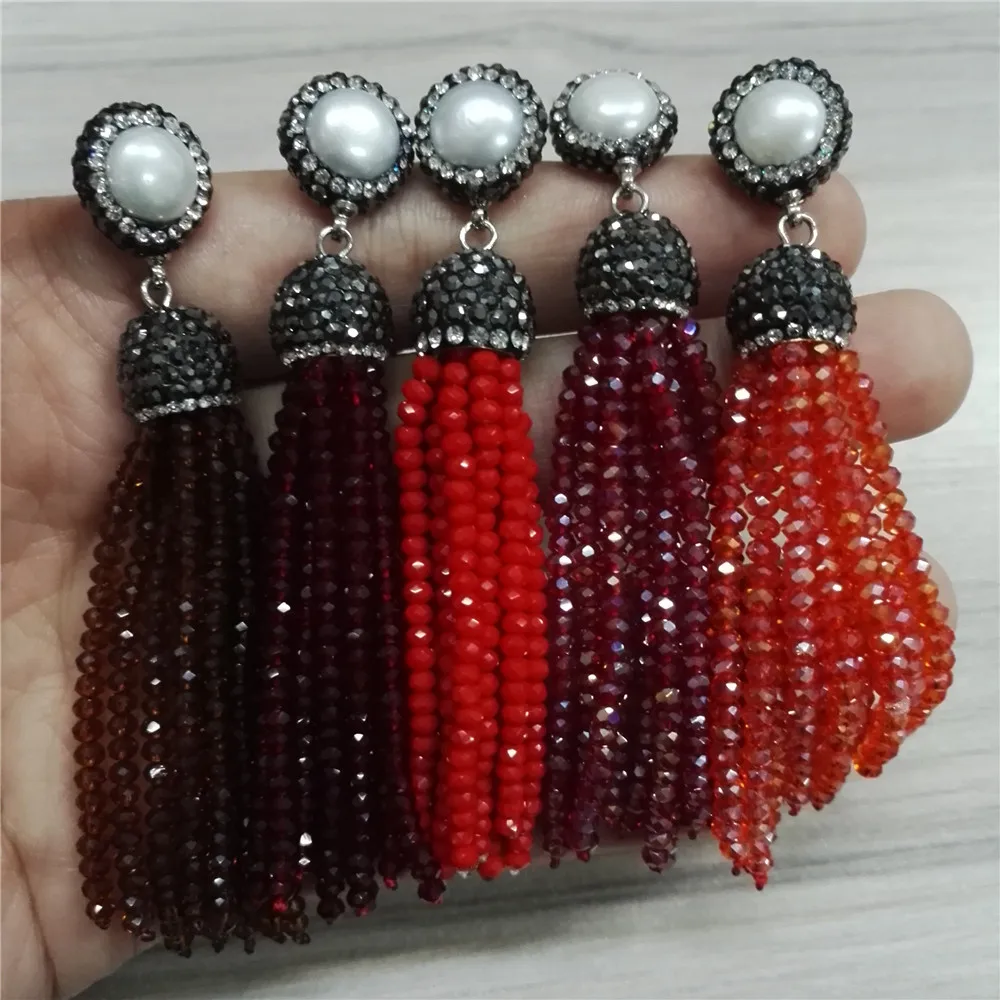 handmade jewelry bohemian freshwater pearl Charms multi colors black red glass beaded tassel drop long dangle earrings for women