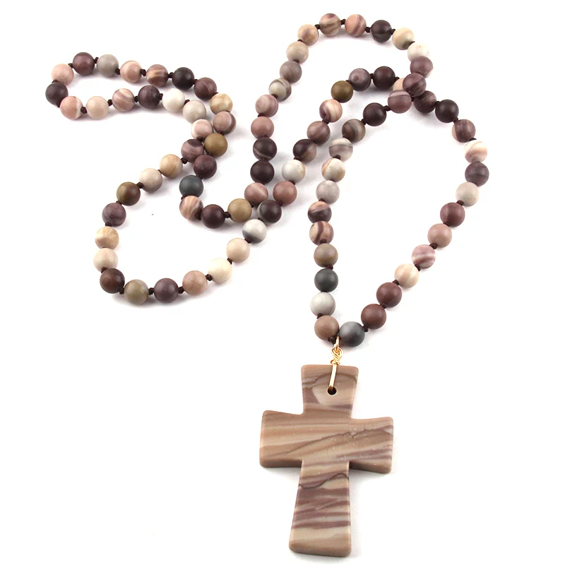 Fashion Semi Precious Stones Beads Statement Necklaces long Knotted Cross Ethnic Necklace