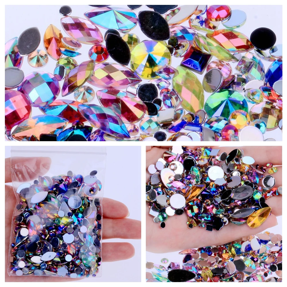 Bolsa de 15g de diamantes de imitación acrílicos con parte posterior plana, varios tamaños y formas, muchos colores para decoraciones faciales, 300