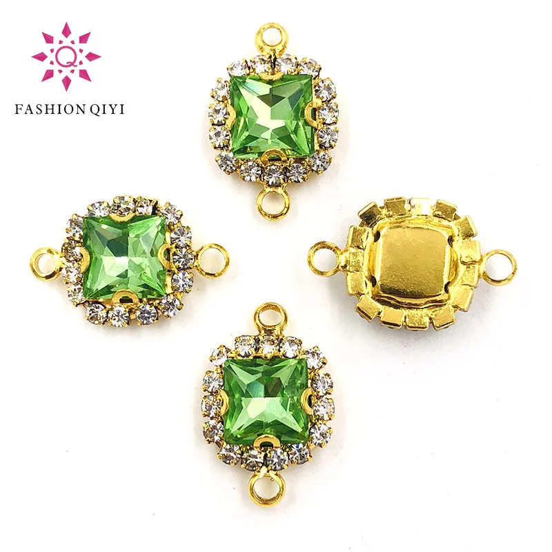 Free shipping Double loop sew on rhinestones Light green glass square shape gold base Crystal buckle DIY clothing accessories