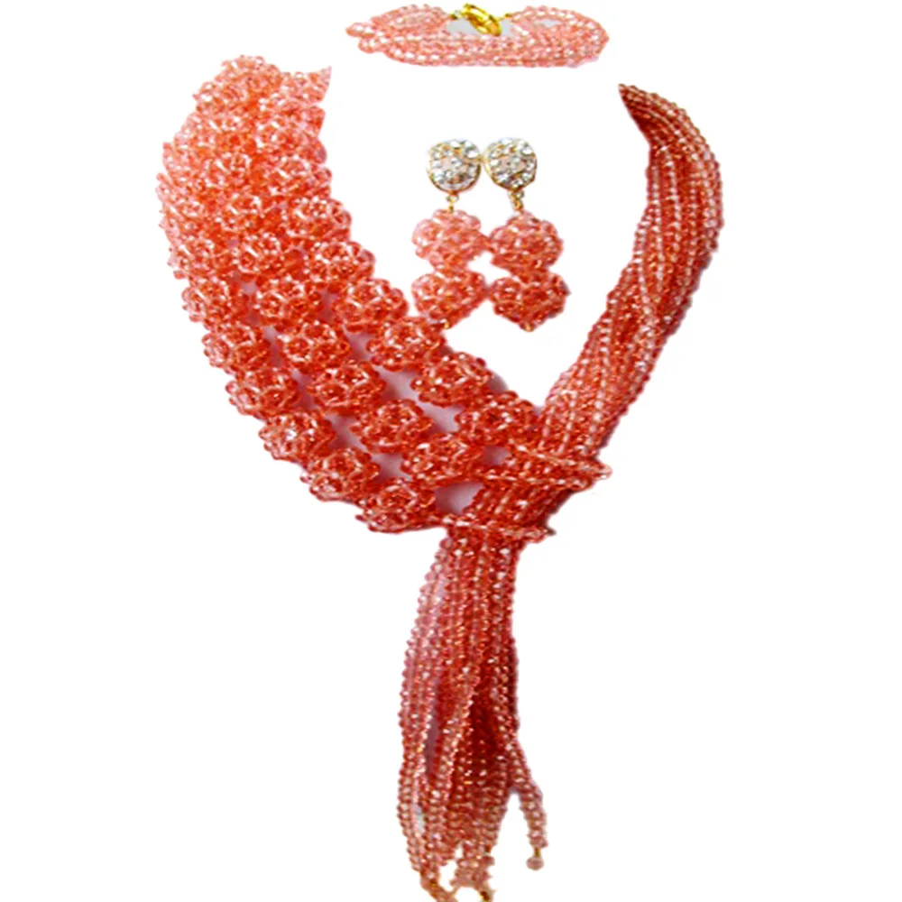 

Peach African Jewelry Set Crystal Beaded Nigerian Wedding Costume Necklace Sets 3CQST03