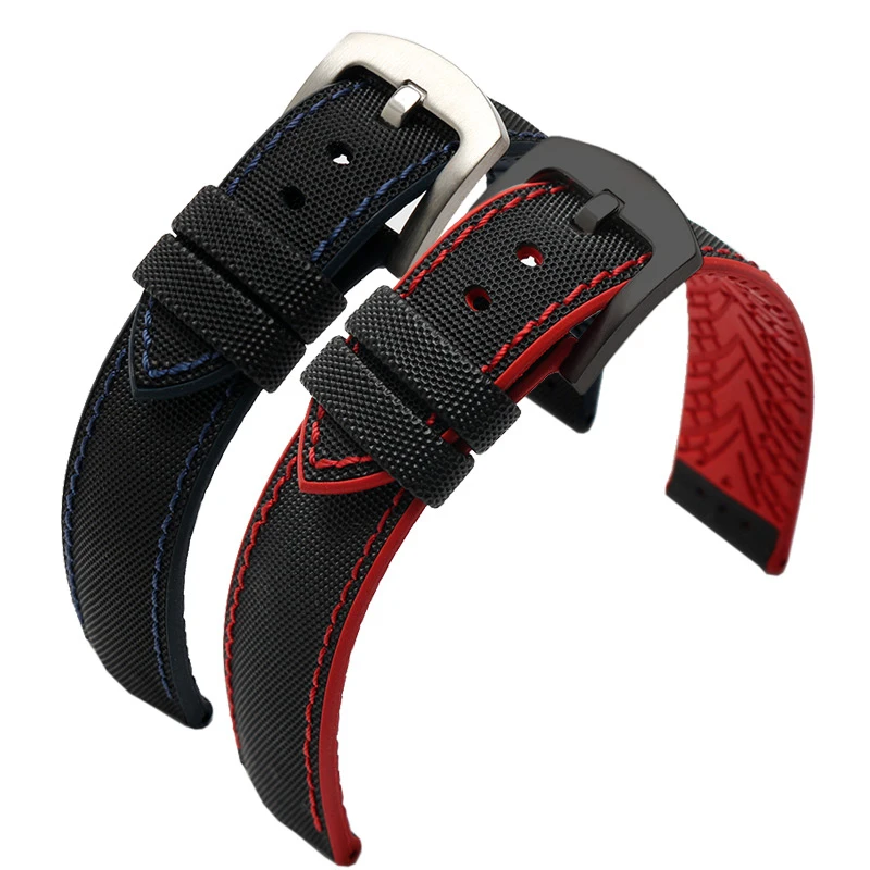 New High quality watchband Nylon+Rubber bottom strap 18mm 20mm 22mm 24mm watch General style black bracelet for men bussiness